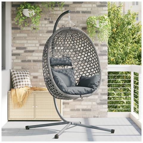 Sedia a Uovo Appesa con Struttura Grigia in Polyrattan - Foto 2