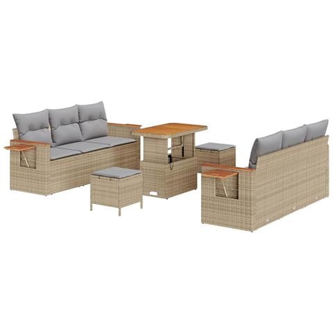 Set di Divani da Giardino 9 Pezzi con Cuscini Rattan Beige Acacia, Set da Pranzo in Giardino 3 Pezzi con Cuscini Rattan Beige Acacia - Foto 1