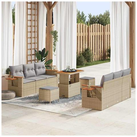 Set di Divani da Giardino 9 Pezzi con Cuscini Rattan Beige Acacia, Set da Pranzo in Giardino 3 Pezzi con Cuscini Rattan Beige Acacia - Foto 2