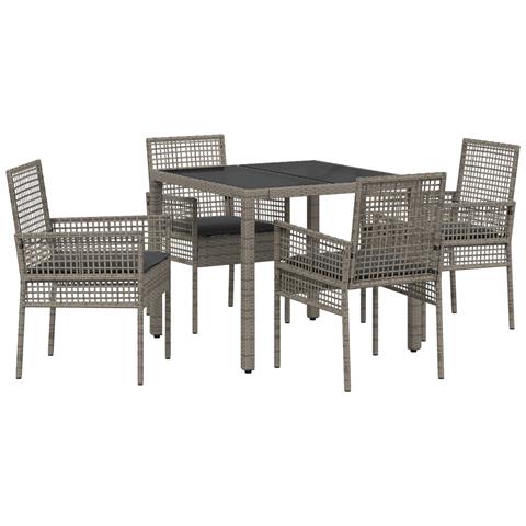 Set da pranzo da giardino a 5 pezzi con cuscini grigi in polyrattan - Foto 1