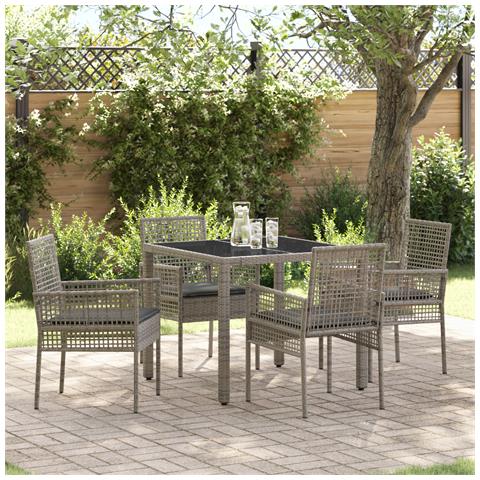 Set da pranzo da giardino a 5 pezzi con cuscini grigi in polyrattan - Foto 2