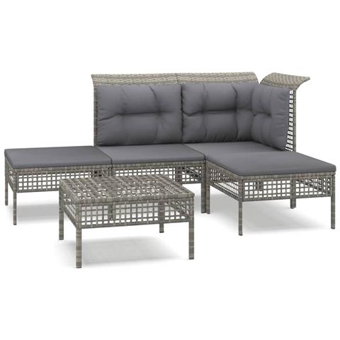Set Divani da Giardino 5 pz con Cuscini in Polyrattan Grigio - Foto 1