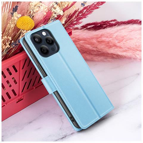 Custodia A Portafoglio Per Iphone 15 Pro Max Con Supporto E Linguetta Magnetica, Azzurro - Foto 2
