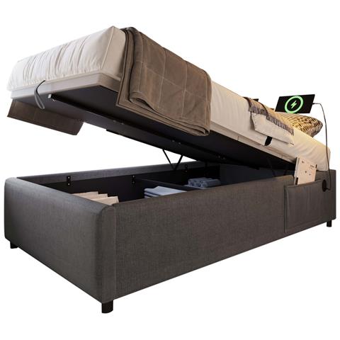 Letto Singolo In Cotone Grigio Senza Testiera Con Contenitore Idraulico - Foto 1