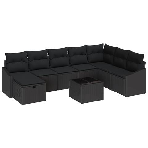 Set di divani da giardino 9 Pezzi con cuscini Rattan Nero - Foto 1