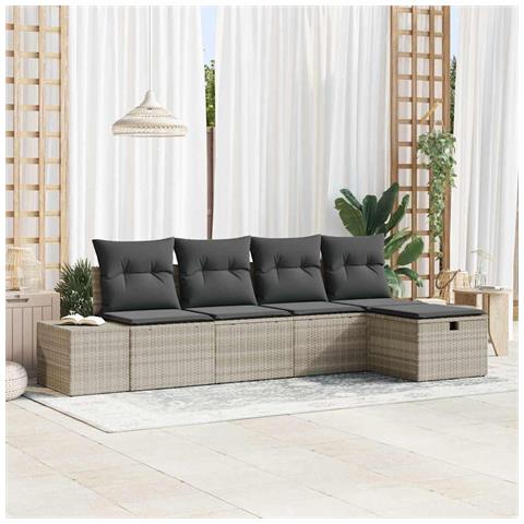 Set di Divani da Giardino in 5 Pezzi con Cuscini Grigio Chiaro in Polyrattan - Foto 2