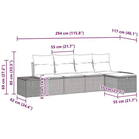 Set di Divani da Giardino in 5 Pezzi con Cuscini Grigio Chiaro in Polyrattan - Foto 9