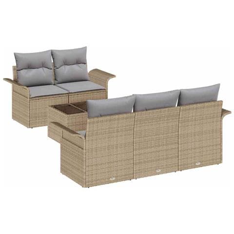 Set Divano Giardino 6 Pezzi con Cuscini Beige Polyrattan, Divano Giardino 2 Posti con Storage e Cuscini Beige Polyrattan - Foto 1