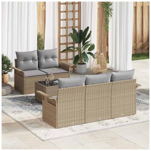 Set Divano Giardino 6 Pezzi con Cuscini Beige Polyrattan, Divano Giardino 2 Posti con Storage e Cuscini Beige Polyrattan - Foto 2