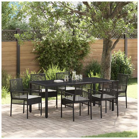Set da Pranzo da Giardino 7 Pezzi con Cuscini Rattan Nero - Foto 2