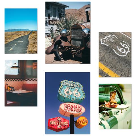 Set Di 6 Stampe Dipinto Decorativo Route 66 Usa E Cultura Incorniciato Con Illustrazioni Di Design Per La Decorazione Murale A3 & A4 Senza Cornice - Foto 1