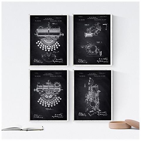 Set Di 4 Stampe Nero Fogli Con I Brevetti Macchine Da Scrivere Impostare Manifesti Con E Vecchi Brevetti Scegli Il Colore Che Gradite Senza Cornice A4 - Foto 1