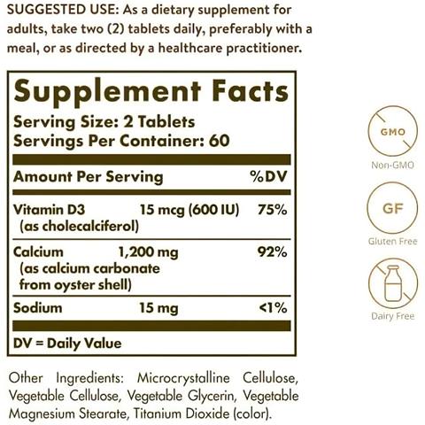 Calcio ""600"" 120 Compresse (da Guscio D'ostrica Con Vitamina D3) Solgar - Foto 2