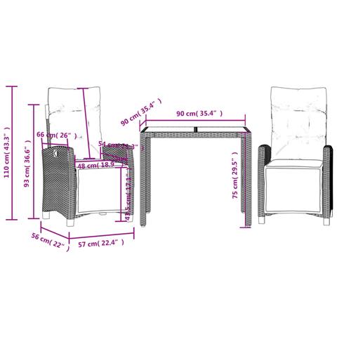 Set da Pranzo da Giardino 3 pz con Cuscini Nero in Polyrattan - Foto 2