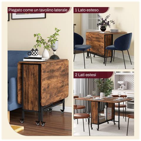 Tavolo Pieghevole con 6 Ruote e Mensola Stile Industriale in Legno e Metallo, Marrone Rustico - Foto 2