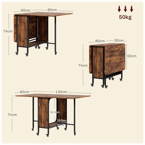 Tavolo Pieghevole con 6 Ruote e Mensola Stile Industriale in Legno e Metallo, Marrone Rustico - Foto 6