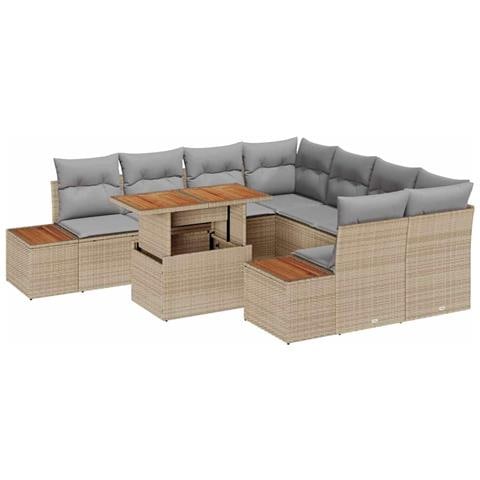 Set da pranzo da giardino 9 pezzi di con cuscini beige in polyrattan e acacia - Foto 1