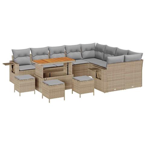 Set Divano da Giardino con Cuscini Beige Polyrattan Acacia da 13 Pezzi,  Set da Pranzo da Giardino con Cuscini Beige Polyrattan Acacia da 4 Pezzi - Foto 1