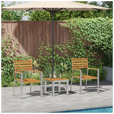 Set da Pranzo per Giardino  3 Pezzi Legno Massello di Acacia, Sedie da Giardino impilabili  2 pz Legno Massello di Acacia e Acciaio - Foto 2