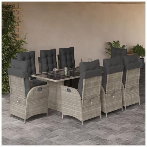 Set Pranzo da Giardino 9pz con Cuscini Grigio Chiaro Polyrattan - Foto 2