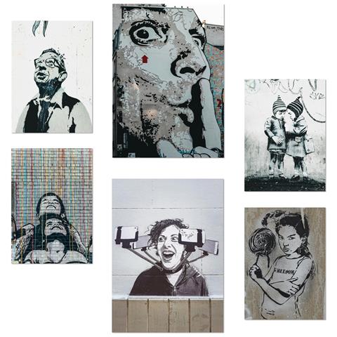 Set Di 6 Stampe Stencil Graffiti Street Art Ricchi Di Colore Pretendono Di Illustrazioni Di Design Murale Per Gli Spazi Domestici A3 & A4 Senza Cornice - Foto 1