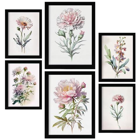 Set Di 6 Stampe Fiori Rosa Chiaro Stampe Naturalistiche E Botaniche A Colori Con Motivi Floreali Su Sfondi Bianco Puro A3 & A4 Cornice Nera - Foto 1