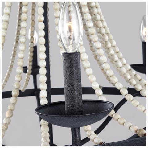 Lampadario Classico Nori Acciaio Zinco Scuro Anticato Legno Grigio 6 Luci E14 - Foto 4