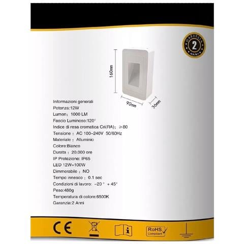 Applique Led Luce Bianca Faretto 12 W Segnapassi A Muro Esterno Bianco Ip65 Es62 - Foto 6