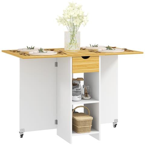 Tavolo da Pranzo Pieghevole per 2-4 Persone con 2 Ribalte, Cassetto e Ripiani, Quercia - Foto 1