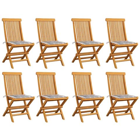 Sedie Da Giardino E Cuscini Grigi A Quadri 8 Pz Massello Teak - Foto 2
