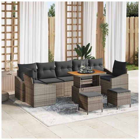 Set di Divani da Giardino  da 10 Pezzi con Cuscini Grigio Polyrattan Acacia, Divano da Giardino  per 2 Persone con Ripostiglio e Cuscini Grigio Polyrattan, Set da Pranzo da Giardino  da 3 Pezzi con Cuscini Grigio Polyrattan Acacia - Foto 2