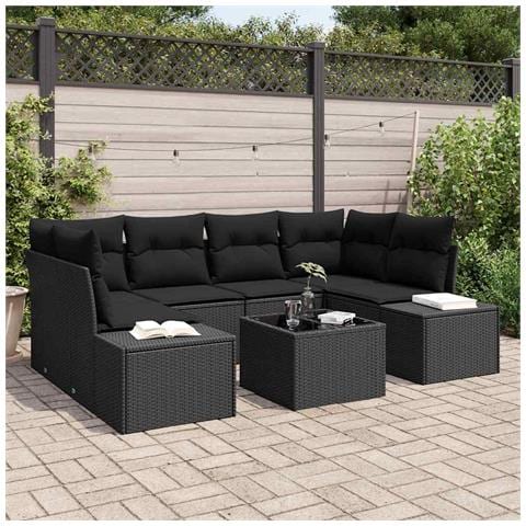 Set Divano da Giardino 7 Pezzi con Cuscini Nero Polyrattan - Foto 2