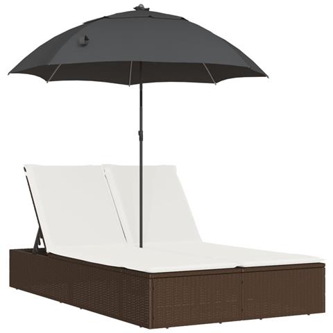 Lettino Prendisole Doppio Cuscini e Parasole Marrone Polyrattan - Foto 1
