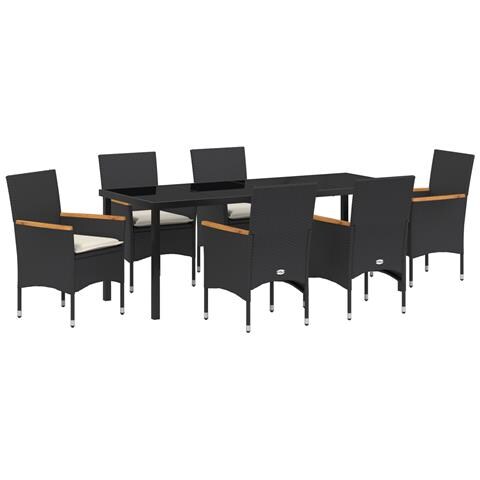 Set da pranzo da giardino  da 7 pezzi con cuscini Rattan sintetico nero, Tavolo da giardino  nero 200x80x73 cm con vetro temperato - Foto 1