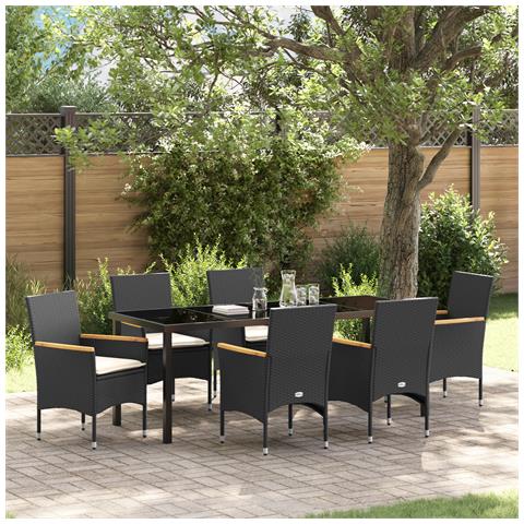 Set da pranzo da giardino  da 7 pezzi con cuscini Rattan sintetico nero, Tavolo da giardino  nero 200x80x73 cm con vetro temperato - Foto 2