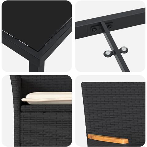 Set da pranzo da giardino  da 7 pezzi con cuscini Rattan sintetico nero, Tavolo da giardino  nero 200x80x73 cm con vetro temperato - Foto 9