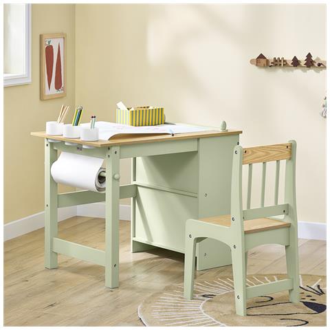 Tavolo E Sedia Per Bambini Multiattività Con 2 Ripiani, Verde 80x50x66 Cm Kmb60-gr - Foto 2