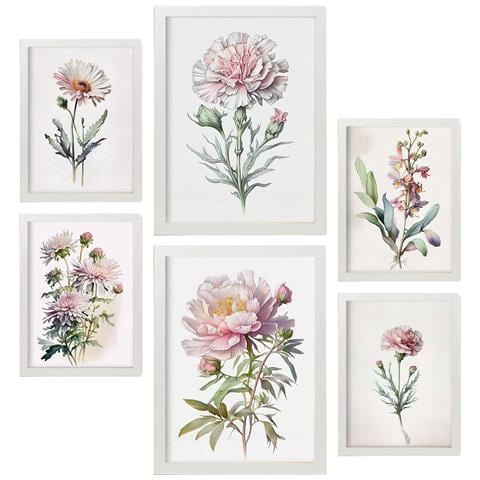 Set Di 6 Stampe Fiori Rosa Chiaro Stampe Naturalistiche E Botaniche A Colori Con Motivi Floreali Su Sfondi Bianco Puro A3 & A4 Cornice Bianca - Foto 1