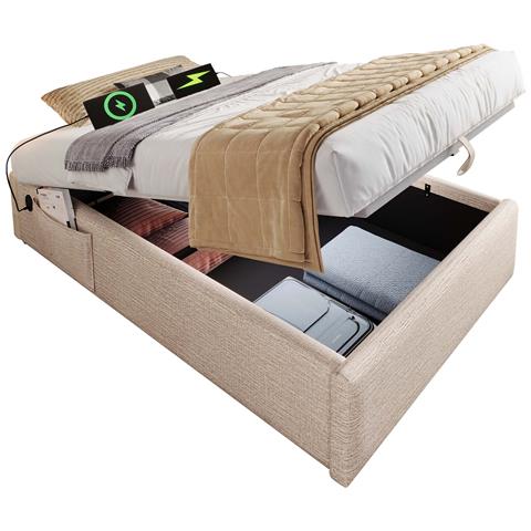 Letto Singolo In Lino Naturale Con Usb E Contenitore Idraulico - Foto 1