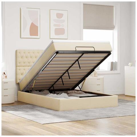Struttura Letto Pouf con Materasso Crema 140x190 cm in Tessuto - Foto 2