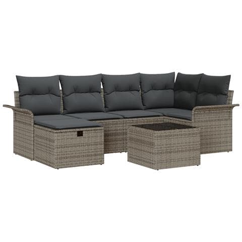 Set Divani da Giardino 7 Pezzi con Cuscini Grigio Polyrattan,  Divano da Giardino 2 Posti con Ripostiglio e Cuscini Grigio Polyrattan - Foto 1