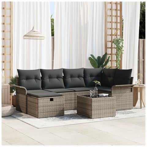 Set Divani da Giardino 7 Pezzi con Cuscini Grigio Polyrattan,  Divano da Giardino 2 Posti con Ripostiglio e Cuscini Grigio Polyrattan - Foto 2