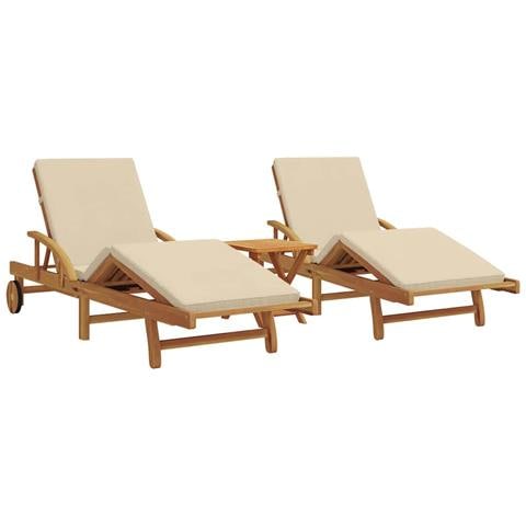 Lettini Prendisole 2 pcs con Cuscini e Tavolo Beige Legno Massello di Acacia, Lettino Prendisole Pieghevole con Ruote e Cuscino Beige Legno Massello di Acacia - Foto 1
