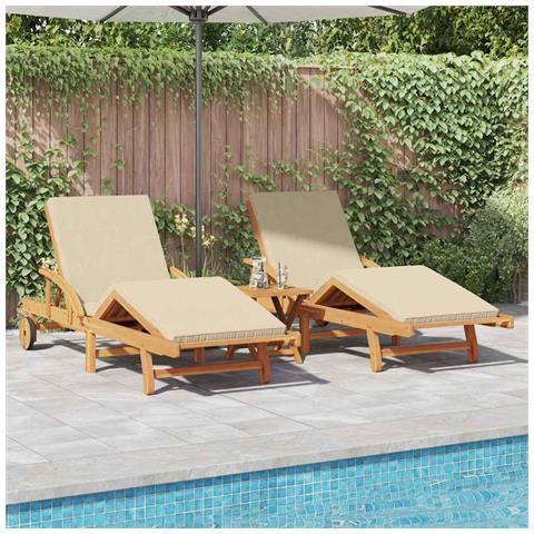 Lettini Prendisole 2 pcs con Cuscini e Tavolo Beige Legno Massello di Acacia, Lettino Prendisole Pieghevole con Ruote e Cuscino Beige Legno Massello di Acacia - Foto 2