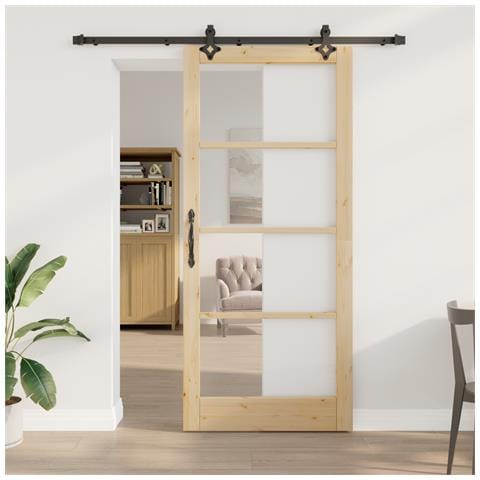 Porta scorrevole  con kit hardware 'ORKDAL'in legno massello e vetro, Porta interna  con vetro 'ORKDAL'93x211x4 cm in legno massello di pino - Foto 2