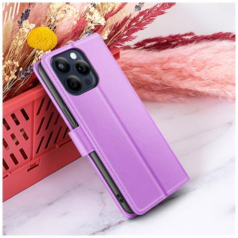 Custodia A Portafoglio Per Iphone 15 Pro Max Con Supporto E Linguetta Magnetica, Viola - Foto 5