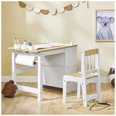 Tavolo E Sedia Bambini Multiattività Per Scrivania Cameretta In Bianco Naturale - Foto 7