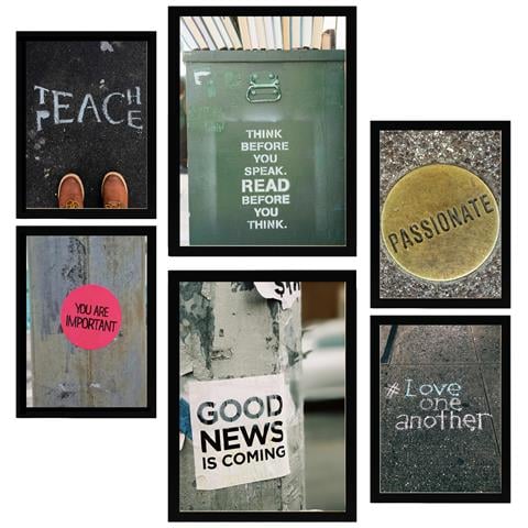 Set Di 6 Stampe Pittura Decorativa, Frasi Di Strada Ispiratrici, Arte Urbana Incorniciata Con Illustrazioni Di Design Per Le Pareti A3 & A4 Cornice Nera - Foto 1