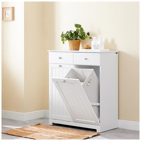 Mobiletto Bagno Con Portabiancheria, 2 Cassetti E 2 Sacche, In Legno Bianco - Foto 2