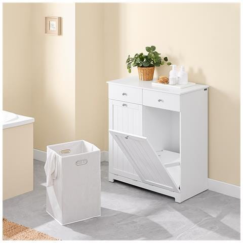 Mobiletto Bagno Con Portabiancheria, 2 Cassetti E 2 Sacche, In Legno Bianco - Foto 7